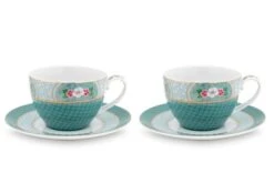 Blushing Birds Set Of 2 Cappuccino Cups & Saucers Blue