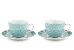 Blushing Birds Set Of 2 Espresso Cups & Saucers Blue